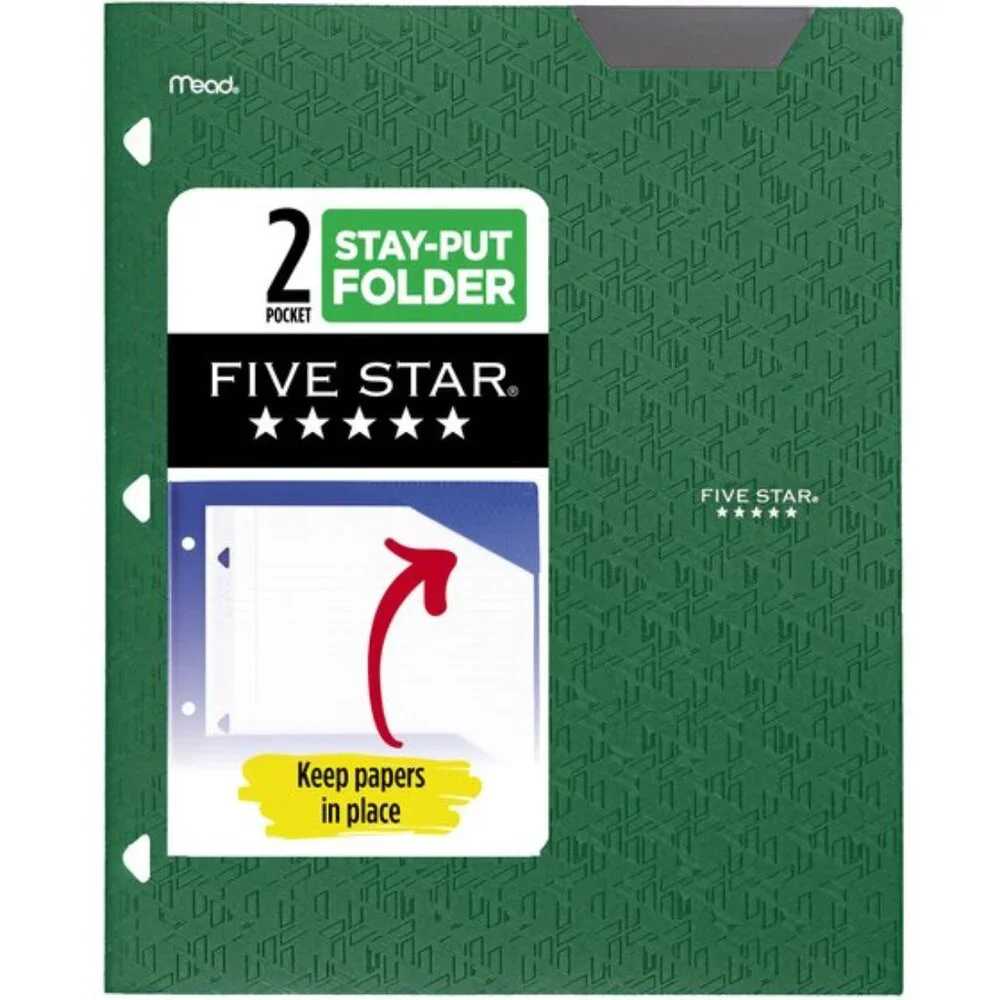 Mead Five Star Tay-Put 2-Pocket Plastic Folder Asst Colors School Office Home